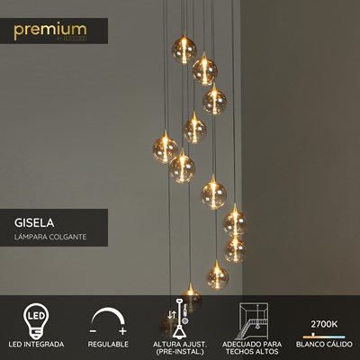 Lucide GISELA - Lámpara colgante - Ø 61 cm - LED Regul. - 12x3,5W 2700K - Adecuado para dobles alturas y techos altos - Ámbar | Premium
